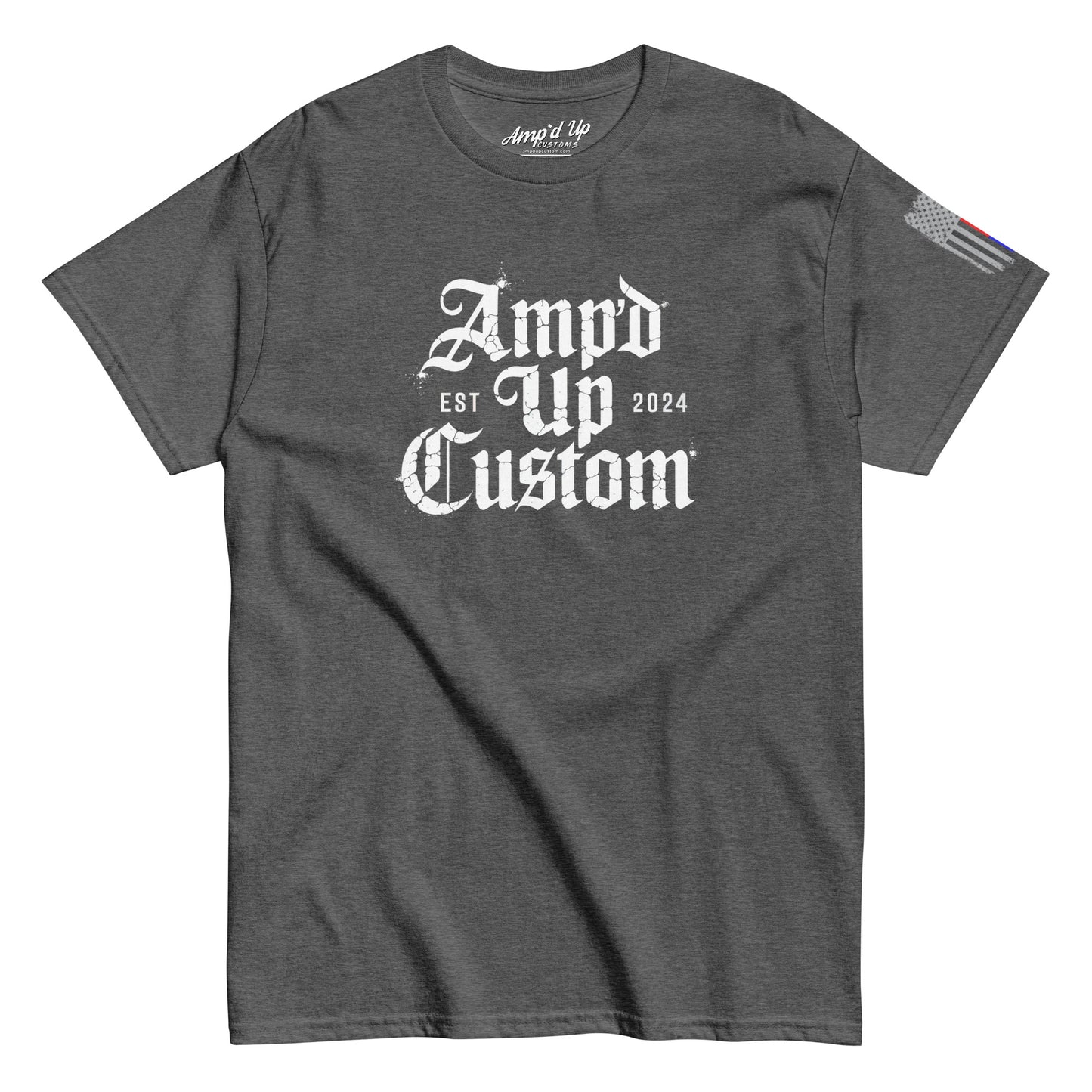 Amp'd Up Custom EST2024 T-Shirt charcoal gray crewneck with white gothic logo and sleeve flag