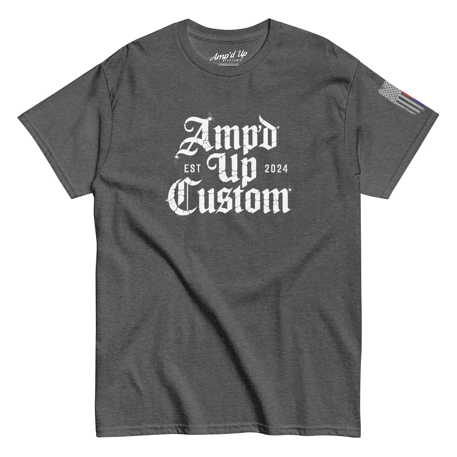 Amp'd Up Custom EST2024 T-Shirt charcoal gray crewneck with white gothic logo and sleeve flag