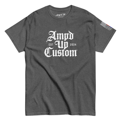 Amp'd Up Custom EST2024 T-Shirt charcoal gray crewneck with white gothic logo and sleeve flag