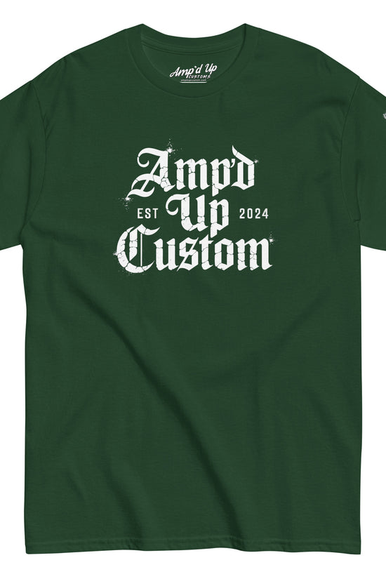 Amp'd Up Custom EST2024 T-Shirt dark green tee with white gothic logo on front and small flag patch on sleeve