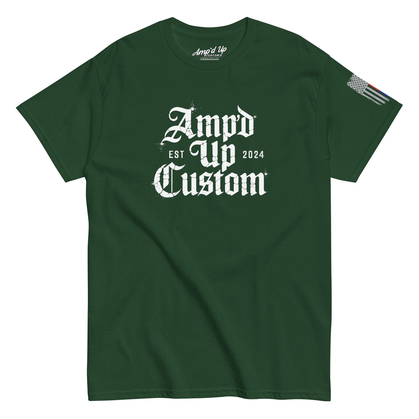 Amp'd Up Custom EST2024 T-Shirt dark green tee with white gothic logo on front and small flag patch on sleeve