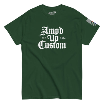 Amp'd Up Custom EST2024 T-Shirt dark green tee with white gothic logo on front and small flag patch on sleeve
