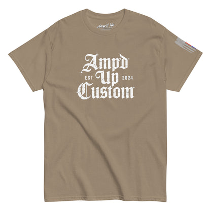 Amp'd Up Custom EST2024 T-Shirt tan crewneck with white distressed gothic logo front and small sleeve flag patch