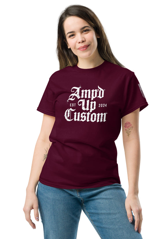 Amp'd Up Custom EST2024 T-Shirt on smiling woman wearing maroon crewneck tee with white gothic logo