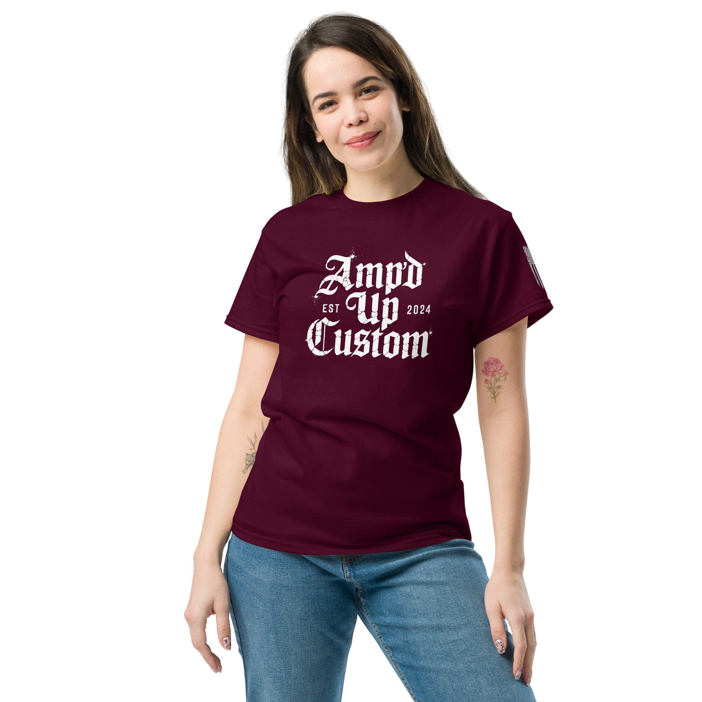 Amp'd Up Custom EST2024 T-Shirt on smiling woman wearing maroon crewneck tee with white gothic logo