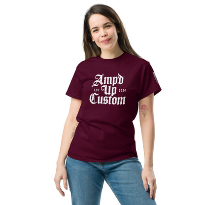 Amp'd Up Custom EST2024 T-Shirt on smiling woman wearing maroon crewneck tee with white gothic logo