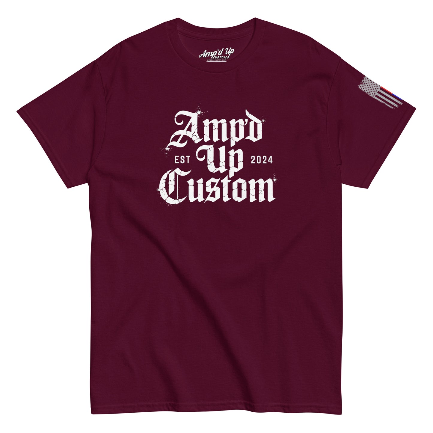 Amp'd Up Custom EST2024 T-Shirt maroon crew neck with white gothic logo on front and small American flag sleeve