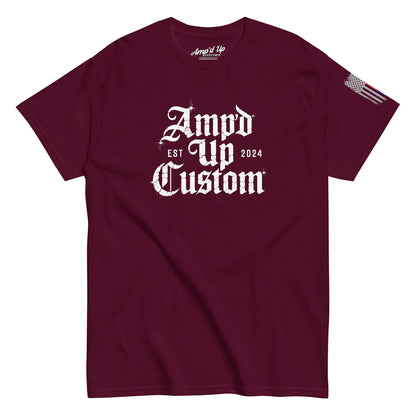 Amp'd Up Custom EST2024 T-Shirt maroon crew neck with white gothic logo on front and small American flag sleeve