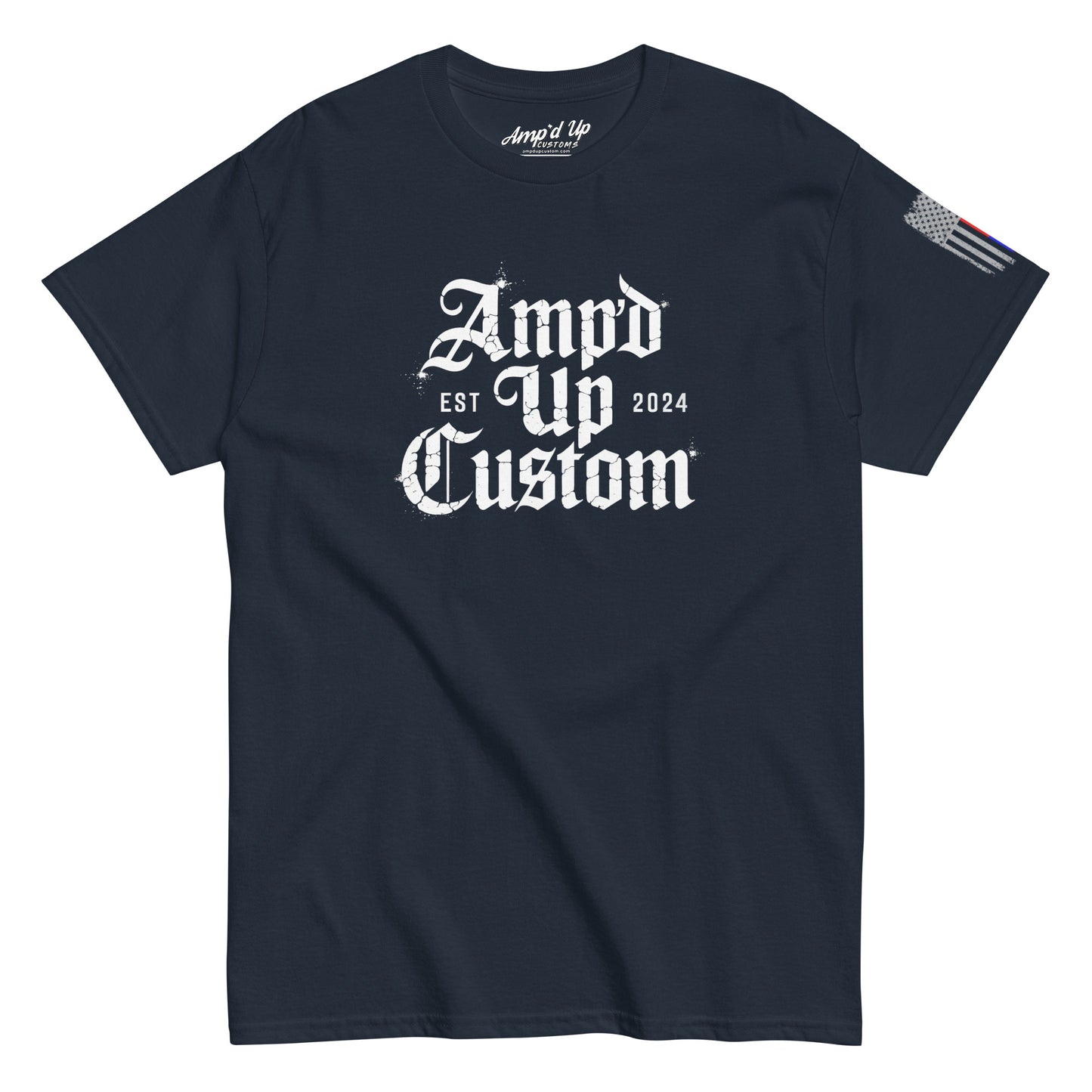 Amp'd Up Custom EST2024 T-Shirt navy crew neck tee with white gothic logo on front and small American flag on sleeve