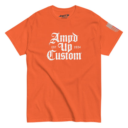 Amp'd Up Custom EST2024 T-Shirt orange crew neck tee with white gothic logo and small American flag on sleeve