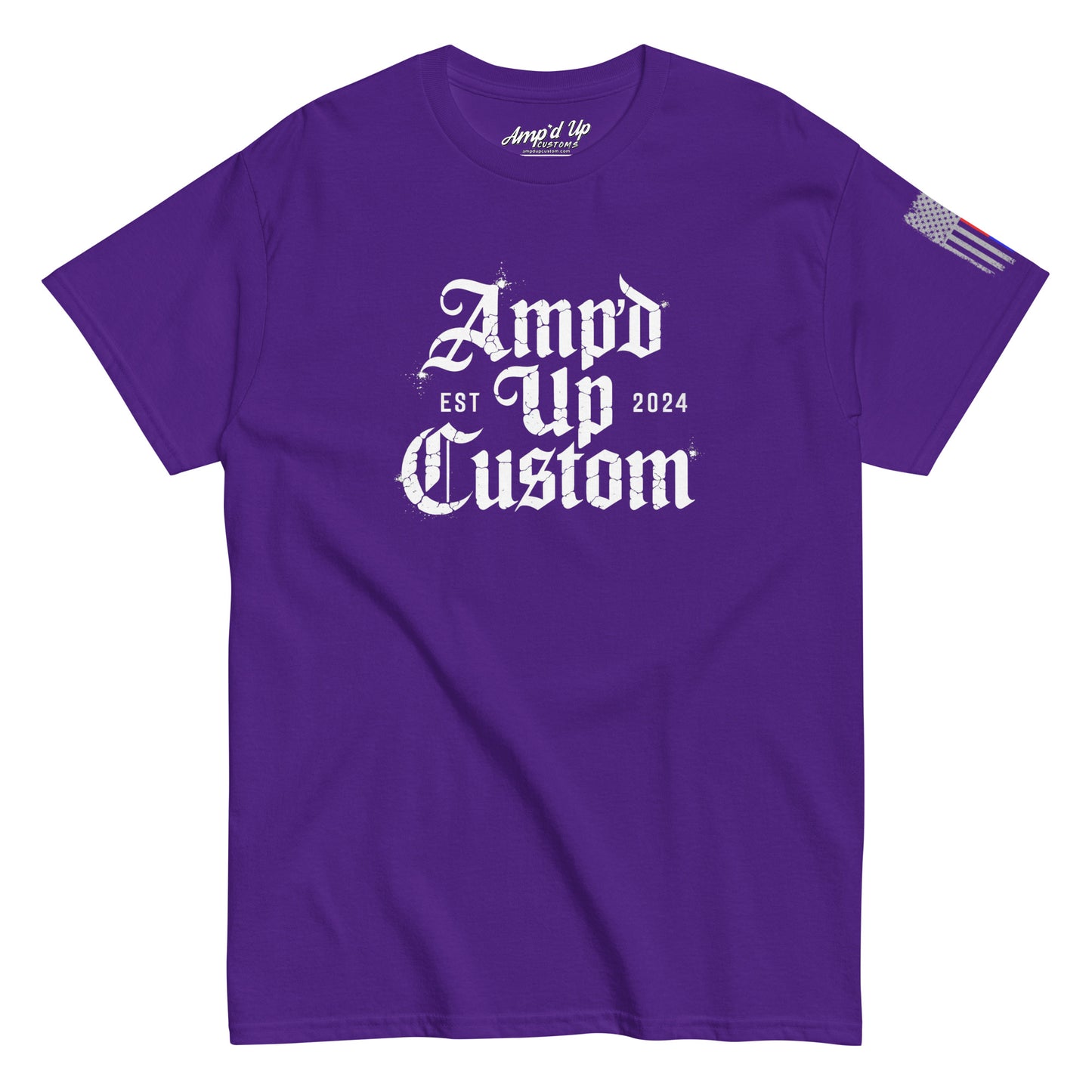 Amp'd Up Custom EST2024 T-Shirt purple crew neck with white gothic logo centered and small American flag on sleeve