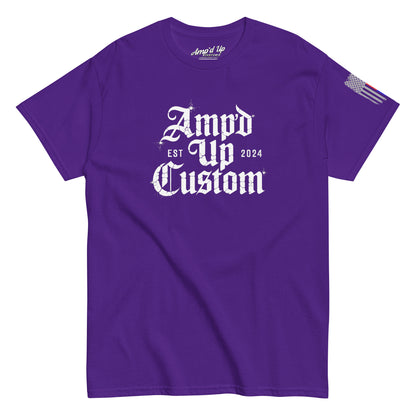 Amp'd Up Custom EST2024 T-Shirt purple crew neck with white gothic logo centered and small American flag on sleeve