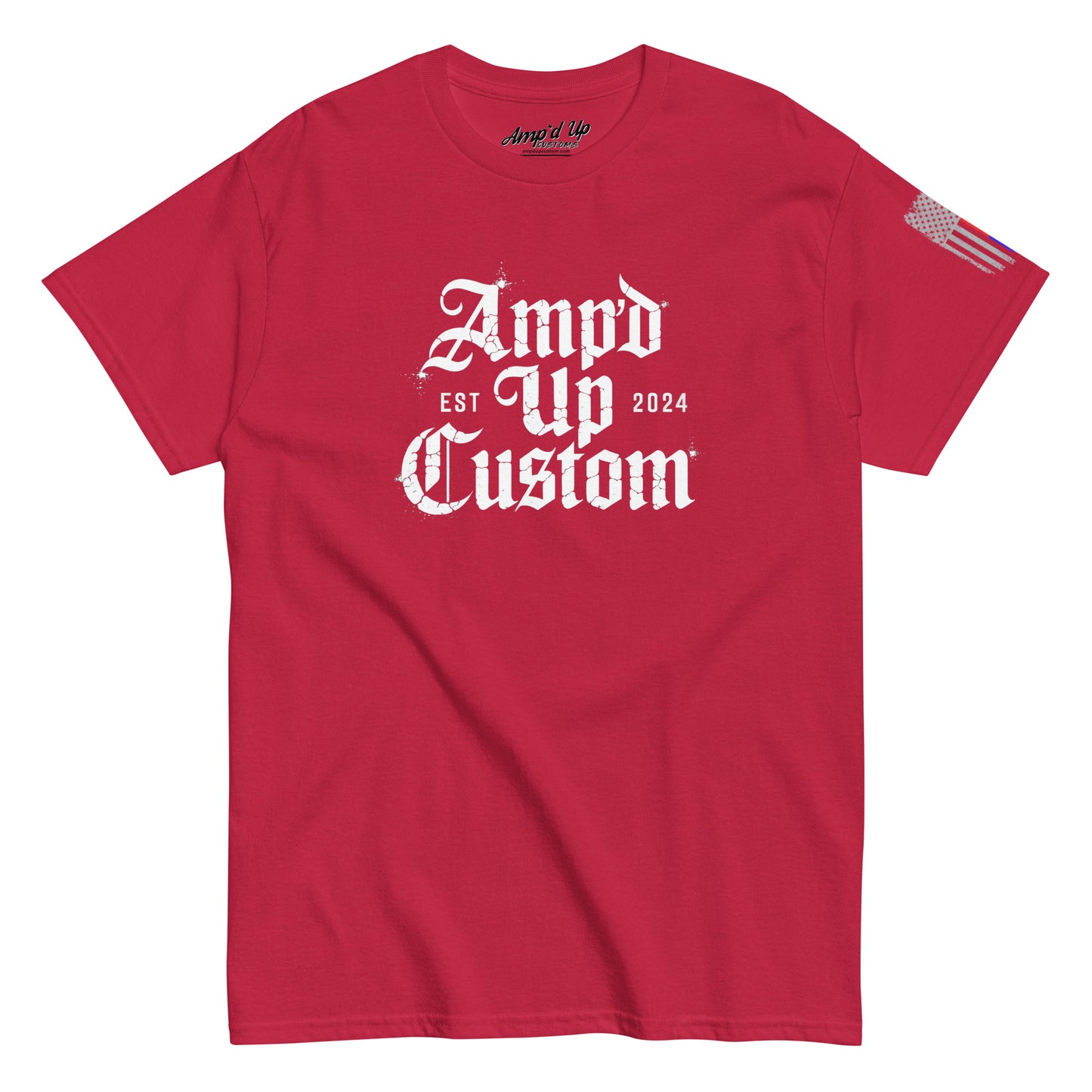 Amp'd Up Custom EST2024 T-Shirt red crewneck with white gothic logo centered and American flag on sleeve