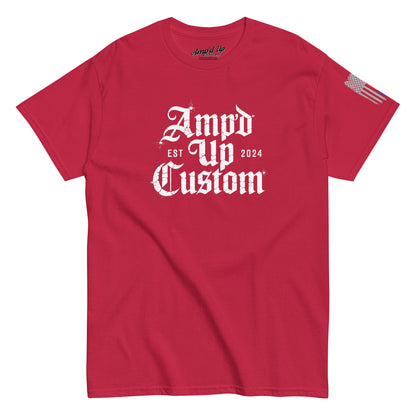 Amp'd Up Custom EST2024 T-Shirt red crewneck with white gothic logo centered and American flag on sleeve