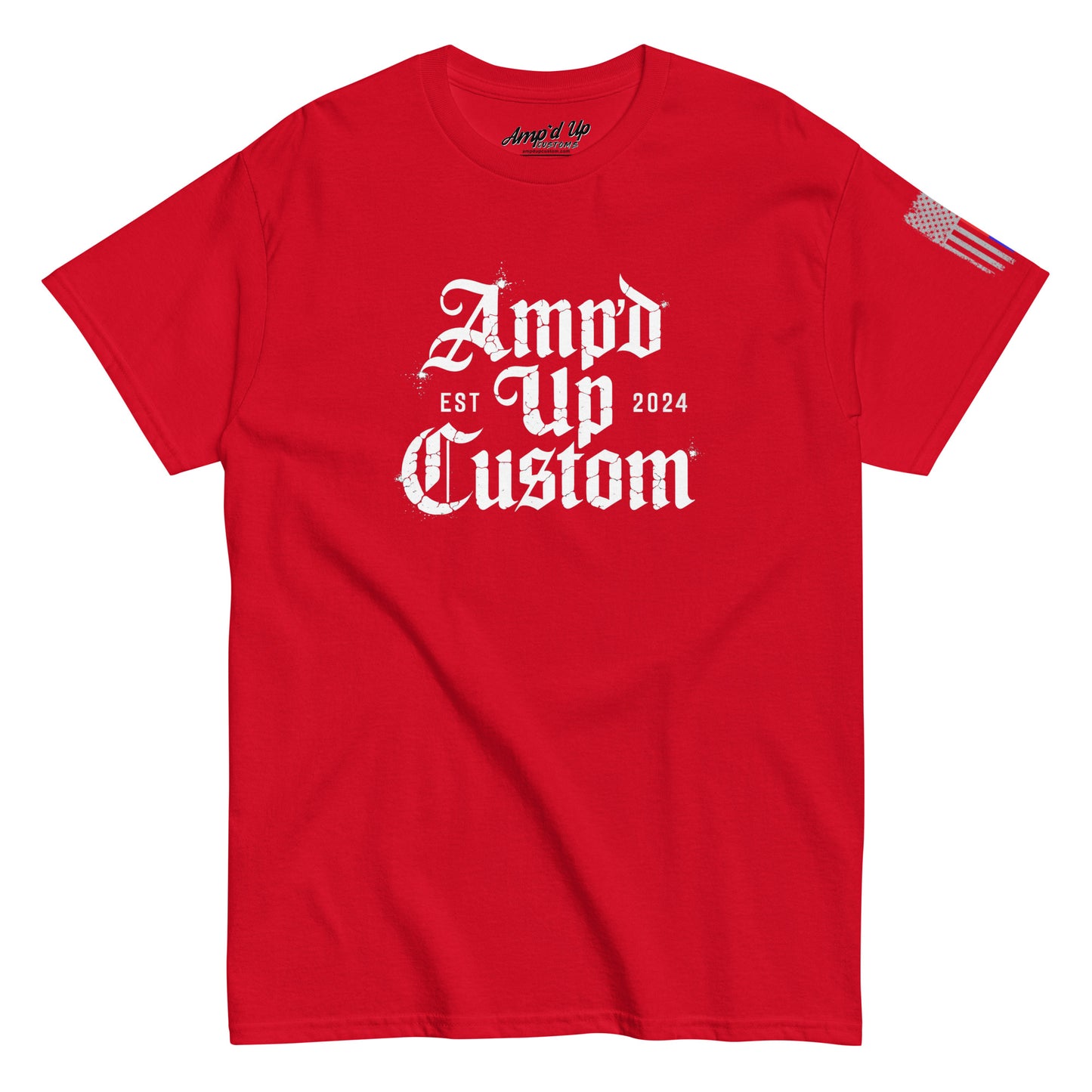 Amp'd Up Custom EST2024 T-Shirt red short sleeve tee with white gothic logo and American flag on sleeve