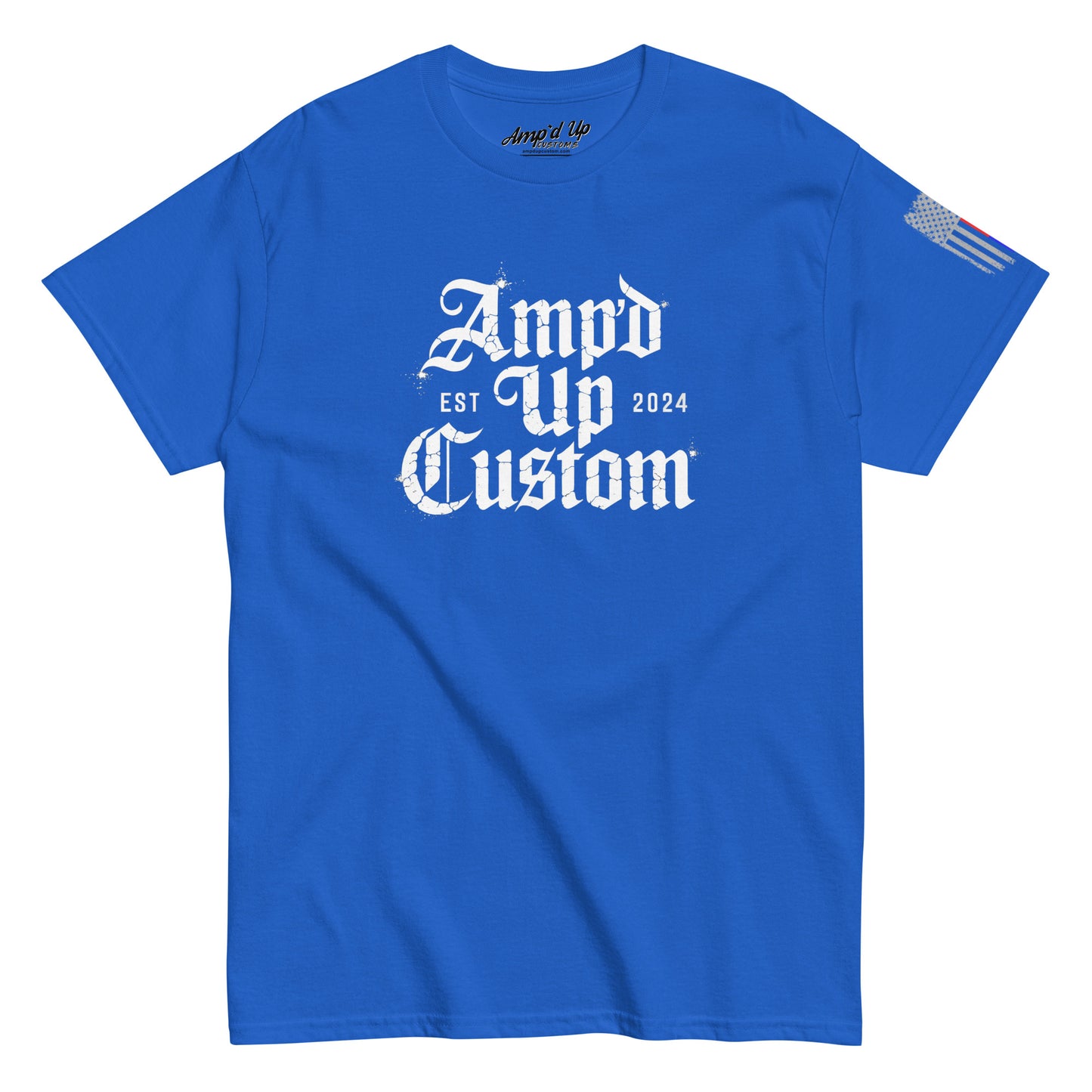Amp'd Up Custom EST2024 T-Shirt royal blue crew neck tee with white gothic logo on chest and small American flag sleeve