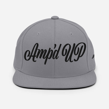 Amp'd Up cursive 3D Puff Snapback Hat in grey with bold black lettering for stylish wear
