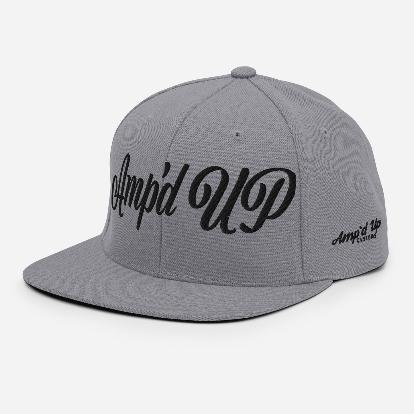Gray Amp'd Up cursive 3D Puff Snapback Hat with a stylish design for casual wear