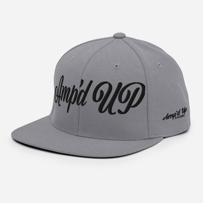 Gray Amp'd Up cursive 3D Puff Snapback Hat with a stylish design for casual wear