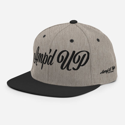 Amp'd Up cursive 3D Puff Snapback Hat in gray with black brim and stylish design