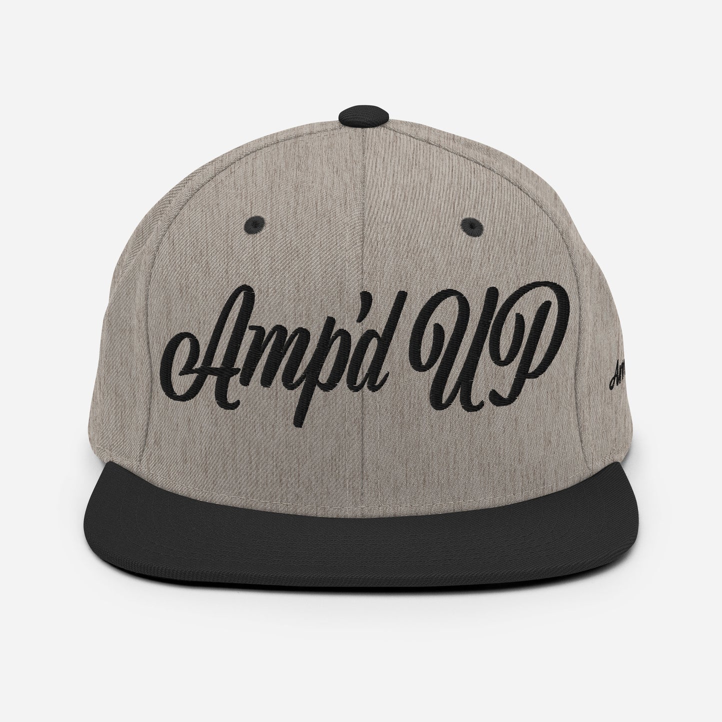 Amp'd Up cursive 3D Puff Snapback Hat in grey and black with stylish design for casual wear
