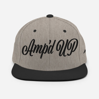 Amp'd Up cursive 3D Puff Snapback Hat in grey and black with stylish design for casual wear