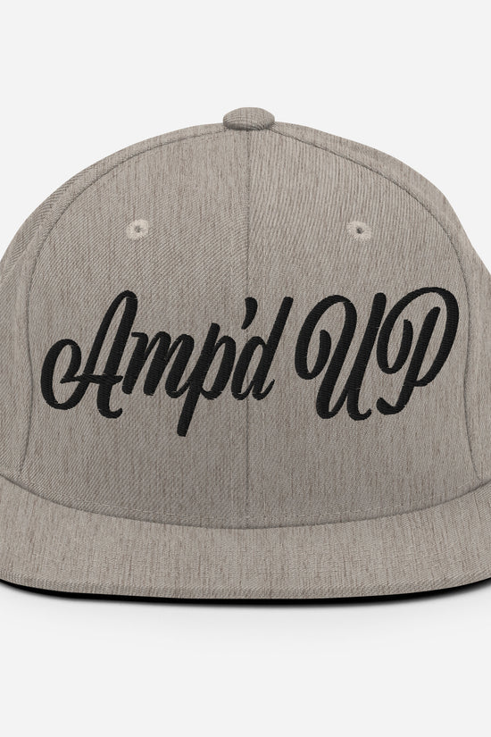 Amp'd Up Cursive 3D Puff Snapback Hat in Gray with Black Text for Stylish Headwear