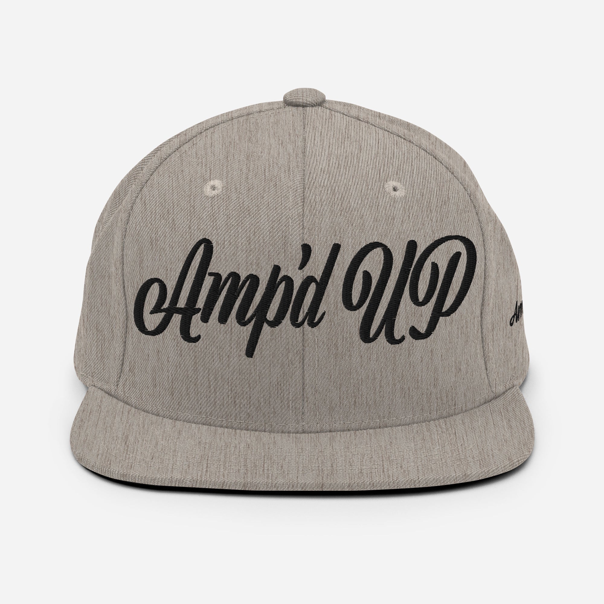 Amp'd Up Cursive 3D Puff Snapback Hat in Gray with Black Text for Stylish Headwear