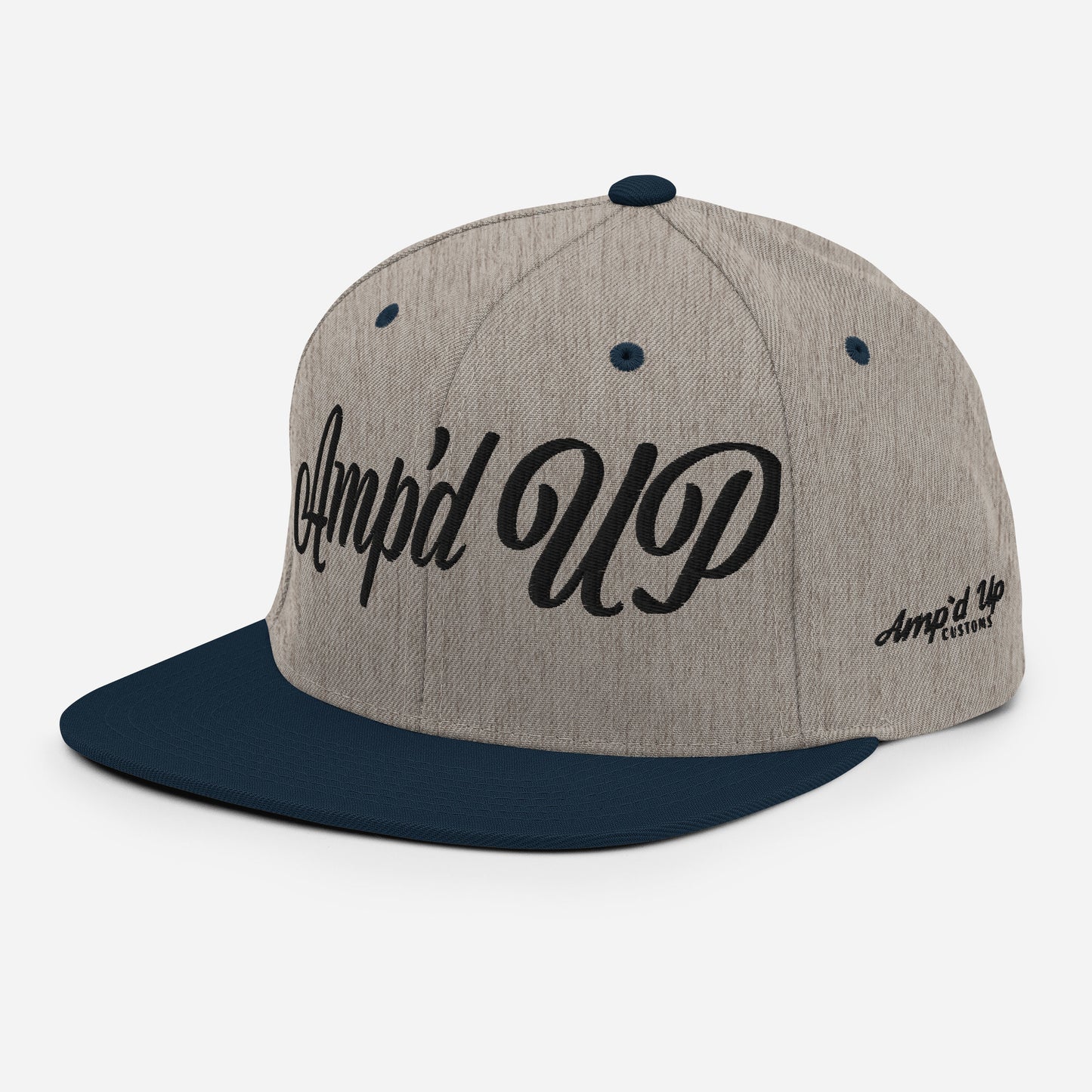 Amp'd Up cursive 3D Puff Snapback Hat in gray and navy with stylish design elements