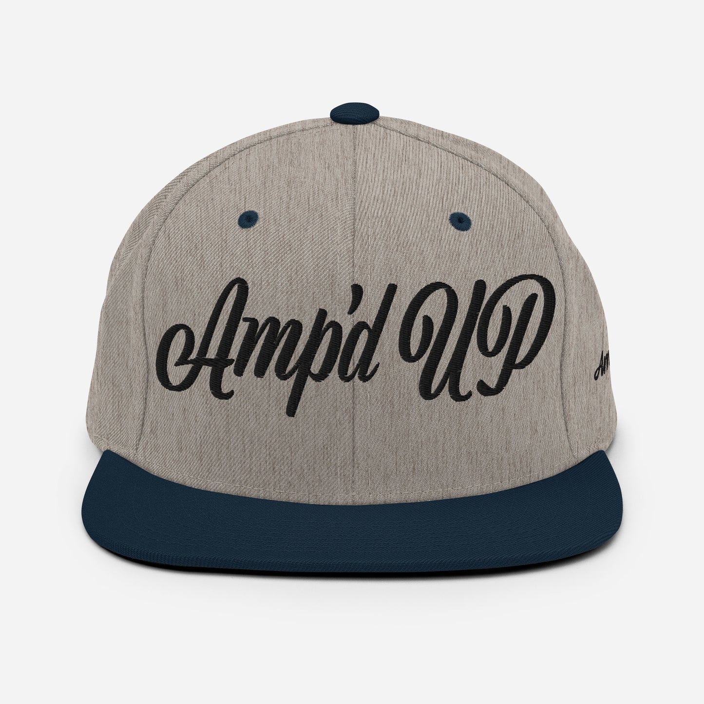 Amp'd Up cursive 3D Puff Snapback Hat in gray and navy for casual wear