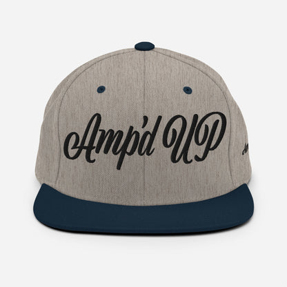 Amp'd Up cursive 3D Puff Snapback Hat in gray and navy for casual wear