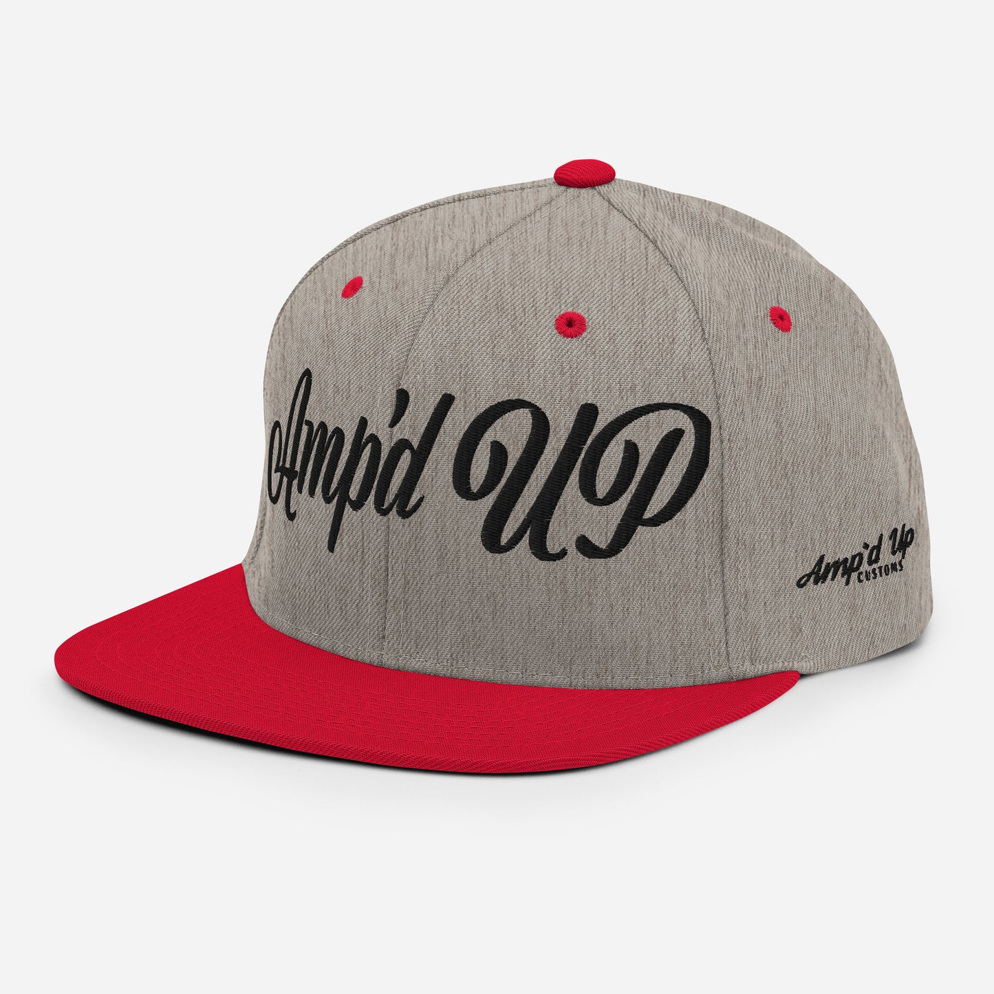 Amp'd Up cursive 3D Puff Snapback Hat in gray and red, featuring stylish embroidery for a trendy look