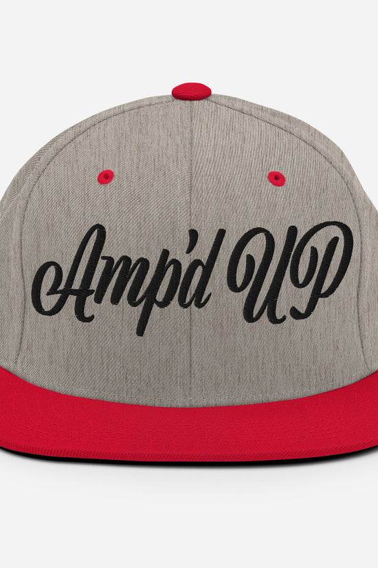 Amp'd Up cursive 3D Puff Snapback Hat in gray with red brim and stylish logo for trendy looks