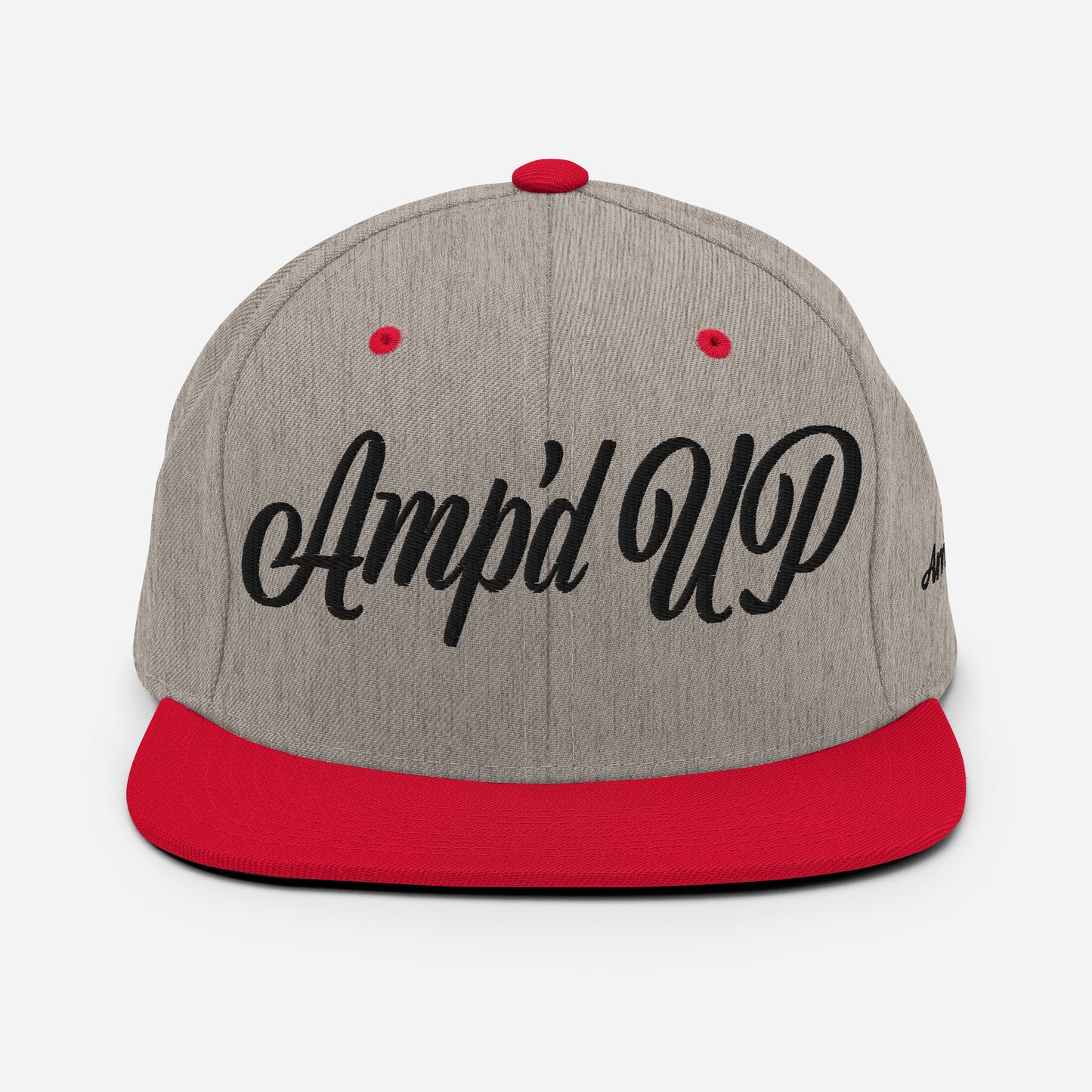 Amp'd Up cursive 3D Puff Snapback Hat in gray with red brim and stylish logo for trendy looks