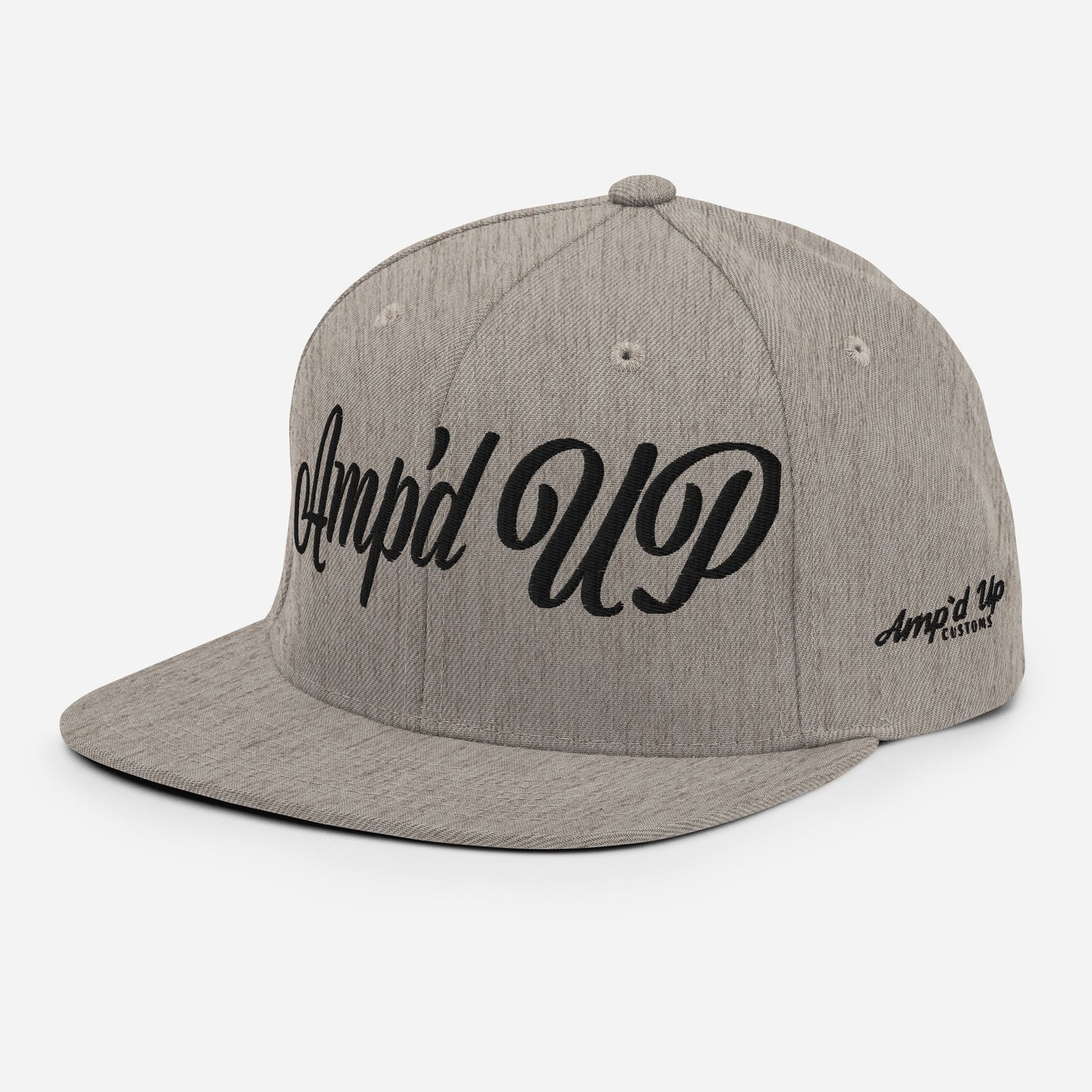 Amp'd Up cursive 3D Puff Snapback Hat in gray with stylish black lettering