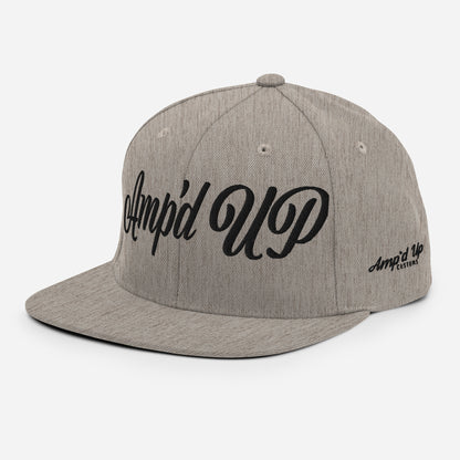 Amp'd Up cursive 3D Puff Snapback Hat in gray with stylish black lettering