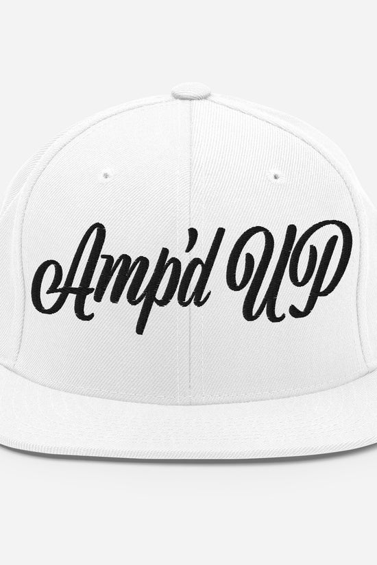 Amp'd Up cursive 3D Puff Snapback Hat in white featuring bold black lettering
