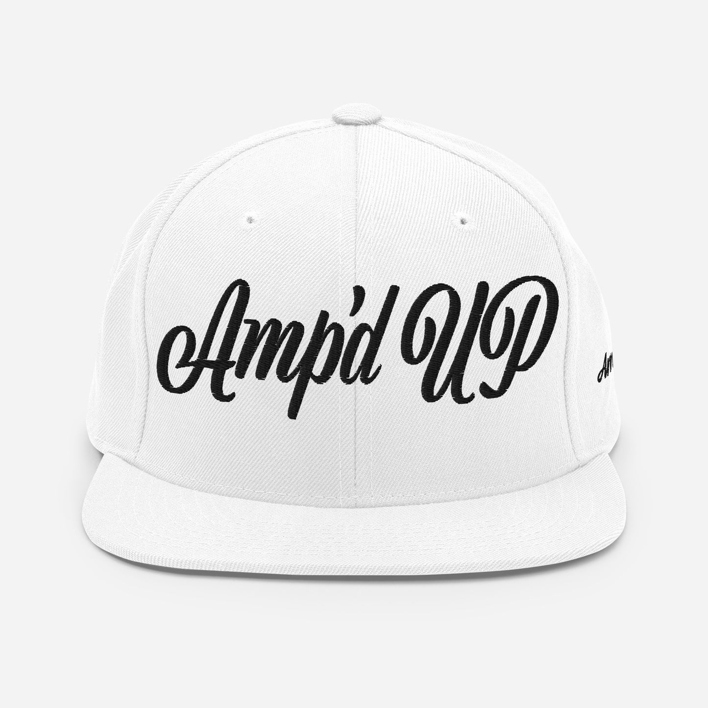 Amp'd Up cursive 3D Puff Snapback Hat in white featuring bold black lettering