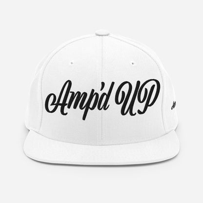 Amp'd Up cursive 3D Puff Snapback Hat in white featuring bold black lettering