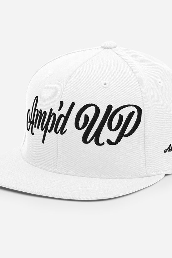 Amp'd Up Custom 3D Puff Snapback Hat in white featuring stylish cursive design