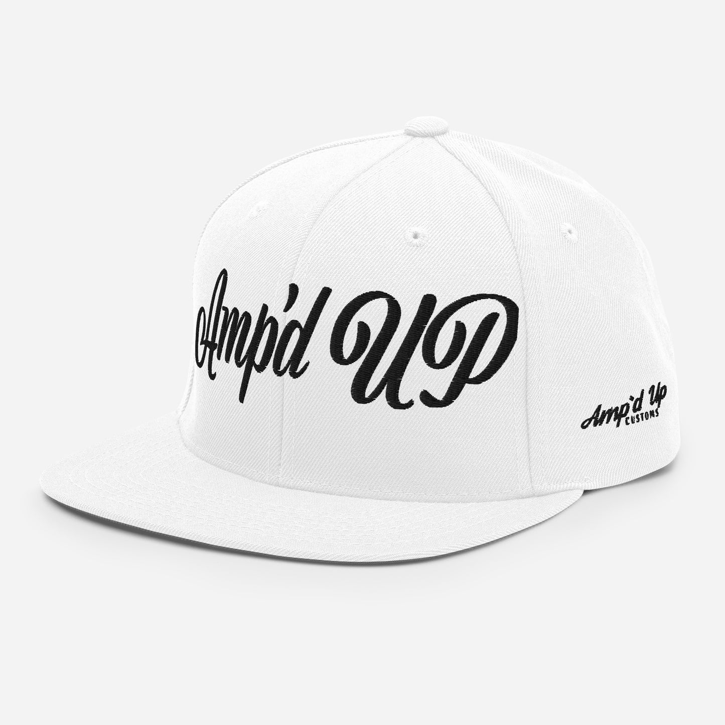 Amp'd Up Custom 3D Puff Snapback Hat in white featuring stylish cursive design