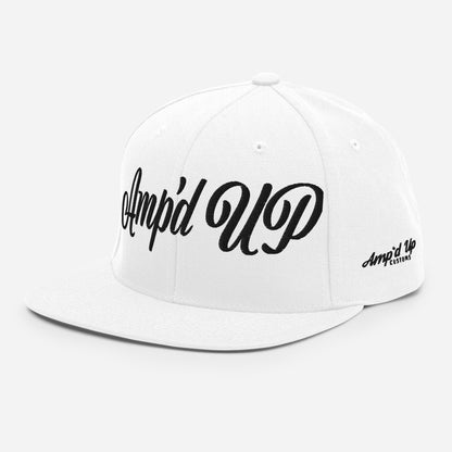 Amp'd Up Custom 3D Puff Snapback Hat in white featuring stylish cursive design