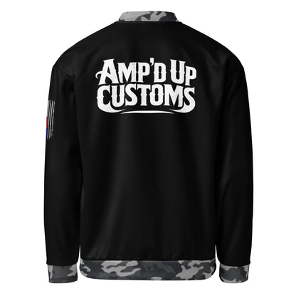 Amp'd Up Custom Bomber Jacket with Bold Logo and Camo Sleeves for Unique Style