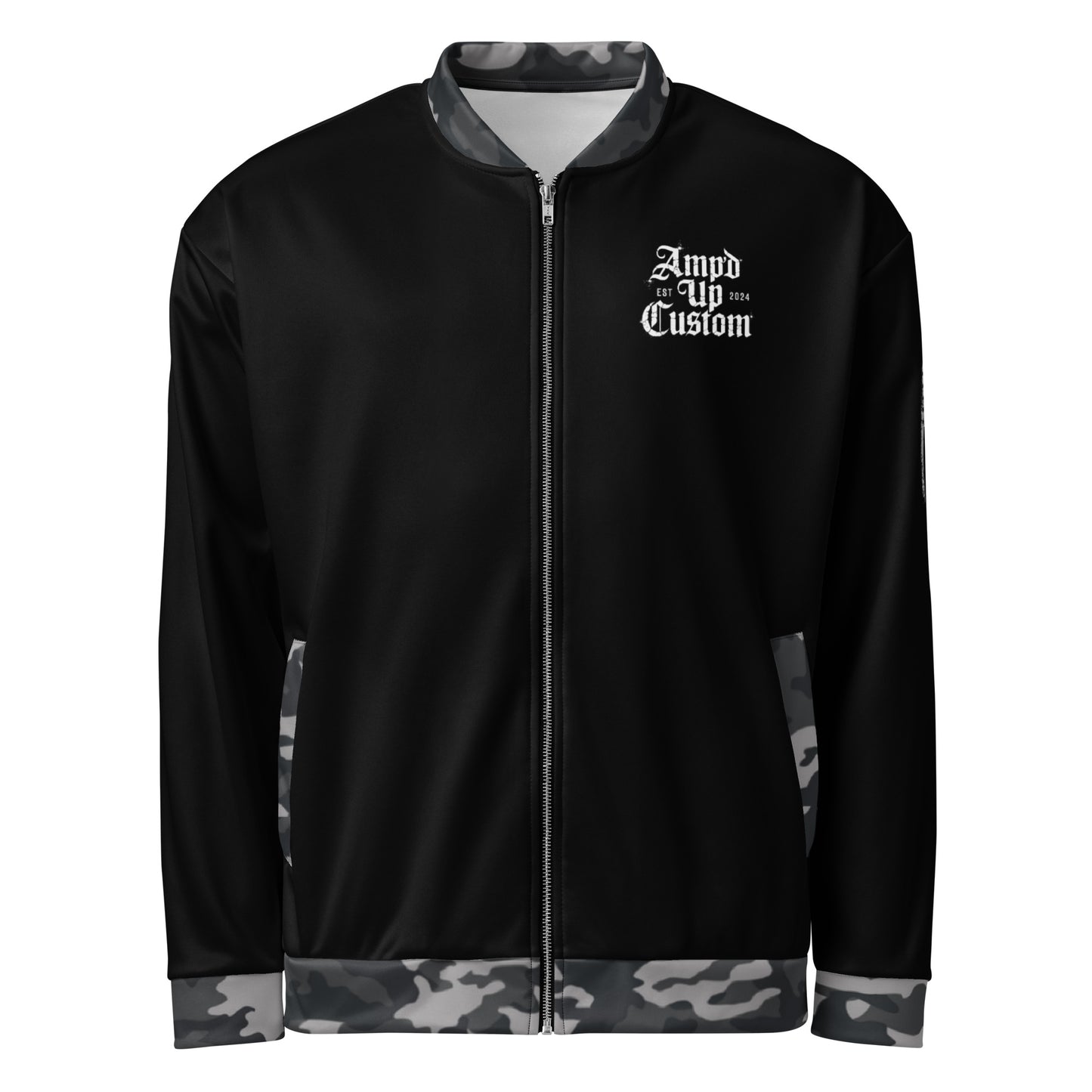 Amp'd Up Custom Bomber Jacket in black with camouflage detailing and front logo design