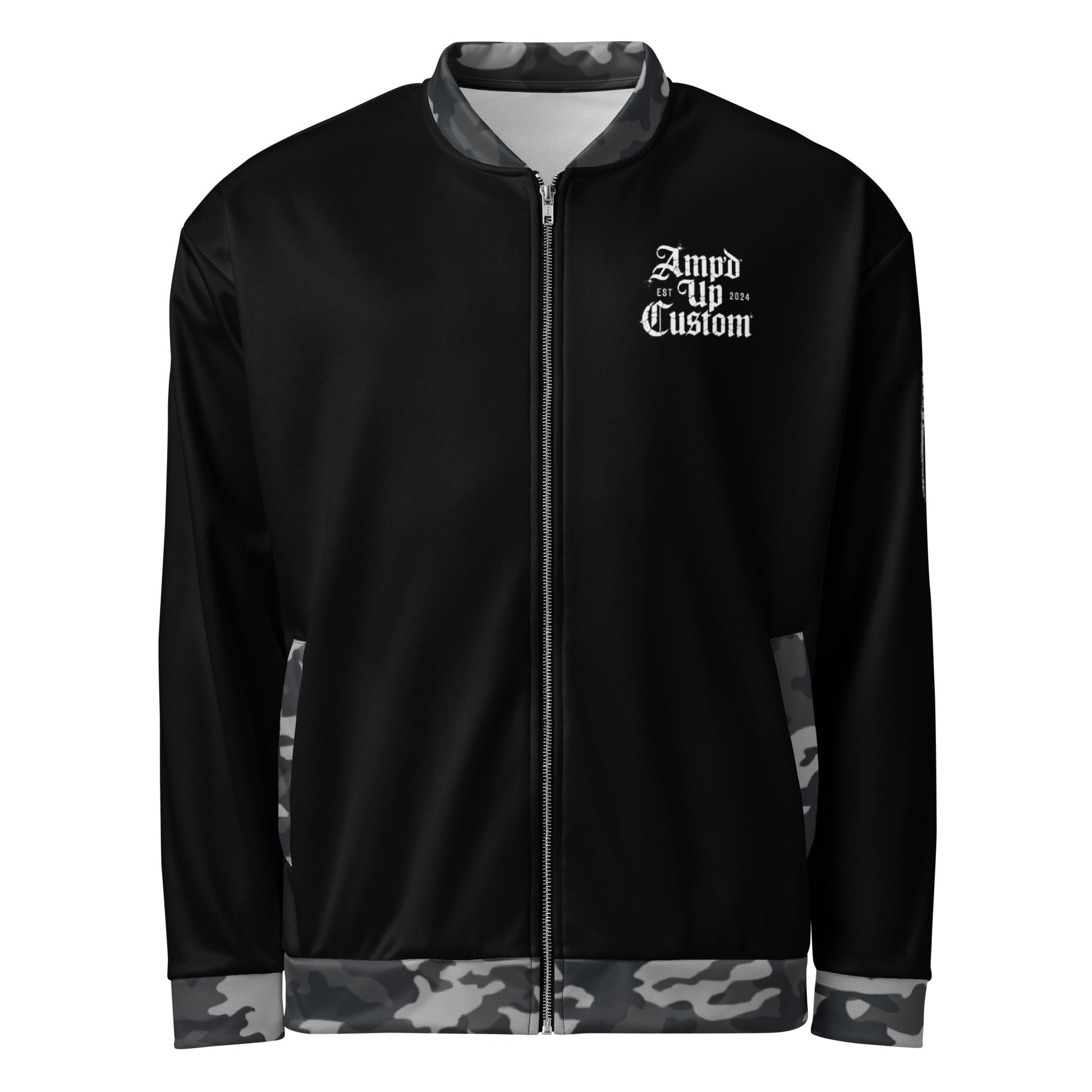 Amp'd Up Custom Bomber Jacket in black with camouflage detailing and front logo design