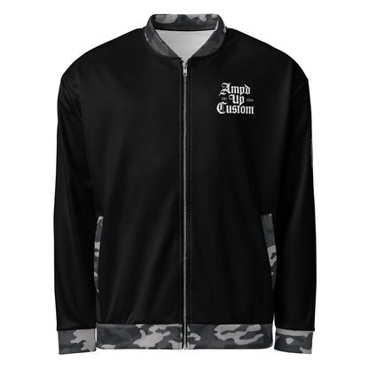 Amp'd Up Custom Bomber Jacket in black with camouflage detailing and front logo design
