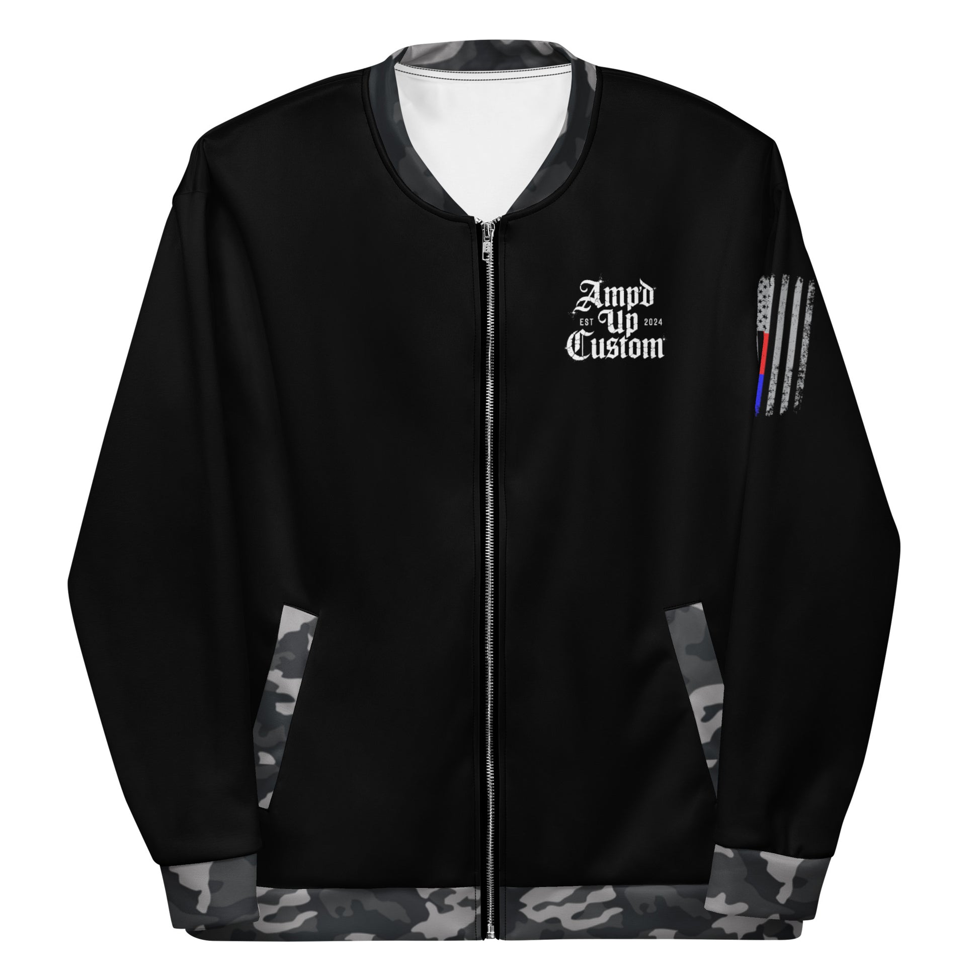 Amp'd Up Custom Bomber Jacket in Black with Camouflage Sleeves and Stylish Design