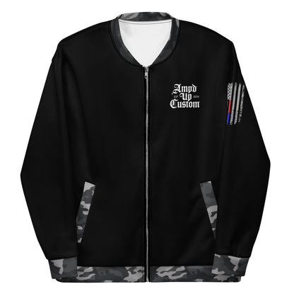 Amp'd Up Custom Bomber Jacket in Black with Camouflage Sleeves and Stylish Design