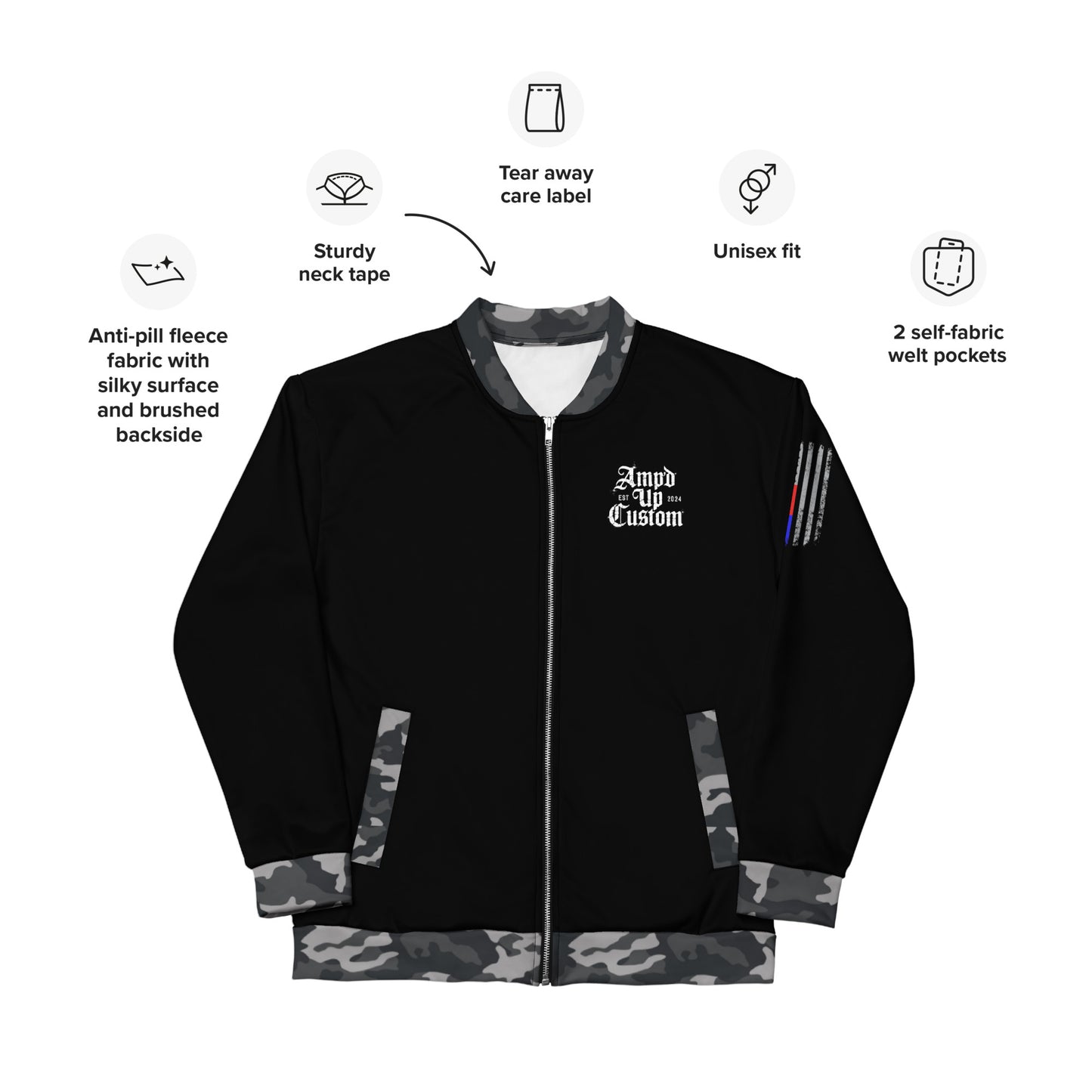 Amp'd Up Custom Bomber Jacket featuring anti-pill fleece and unisex fit with two self-fabric pockets