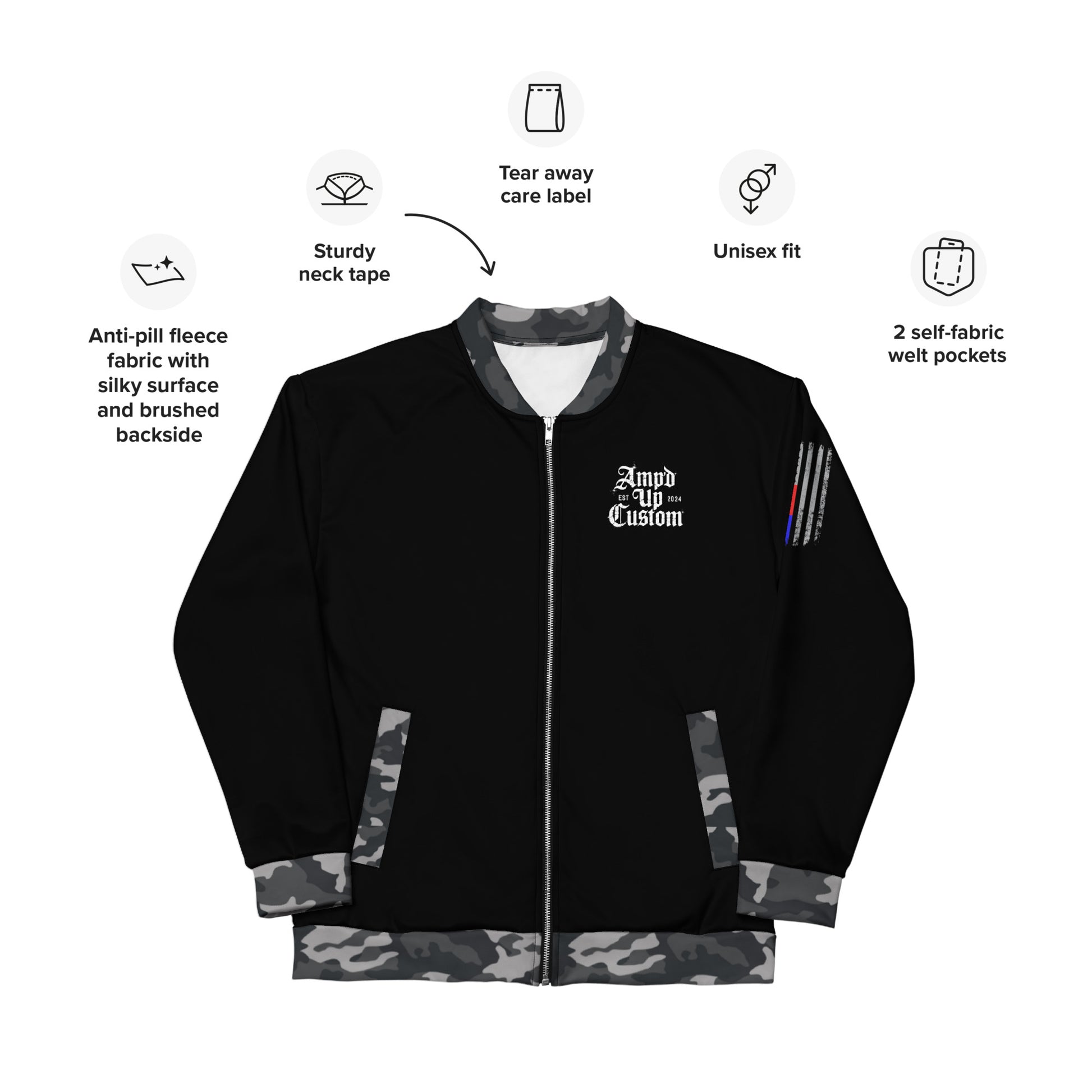 Amp'd Up Custom Bomber Jacket featuring anti-pill fleece and unisex fit with two self-fabric pockets